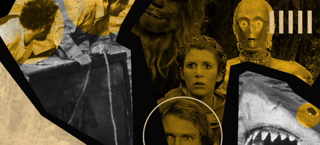 two men on deck, a woman, a hairy creature, a robot, a man and a shark