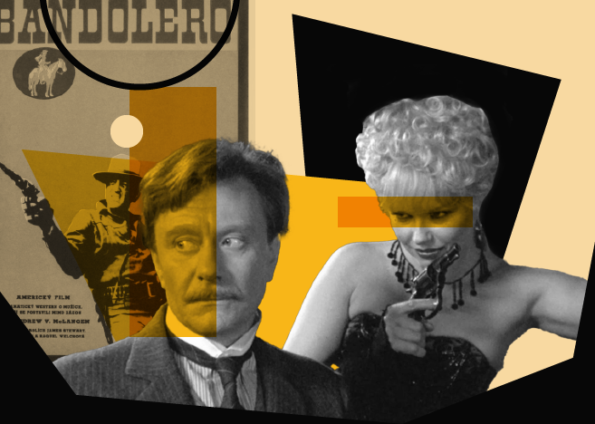 man with mustache and a woman behind him holding a gun