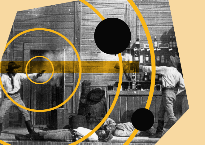 two men shooting at each other in a bar