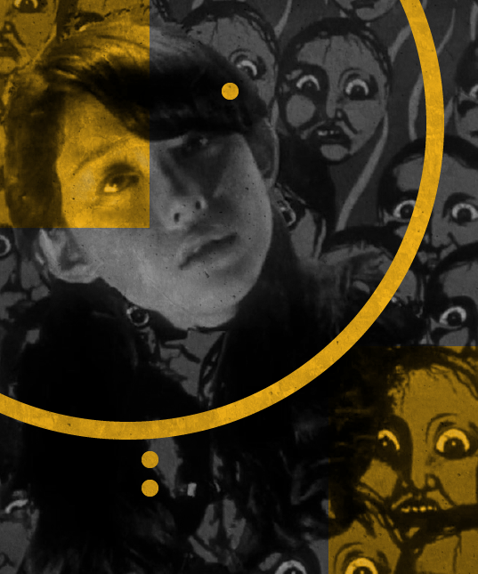 a girl in between cartoon faces of demons