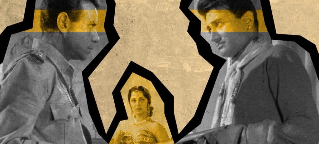 a woman standing between two men talking