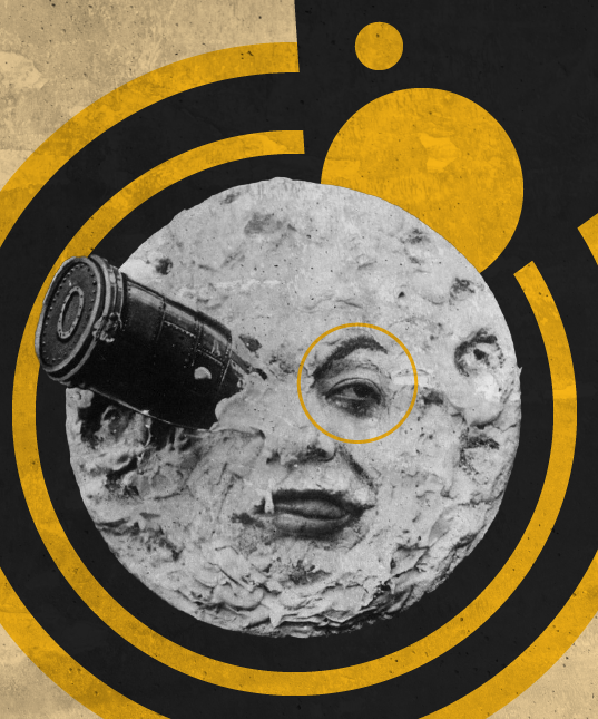 a rocket crashing on a moon shaped face