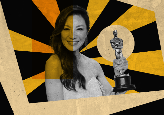 Asian woman holding an oscars trophy