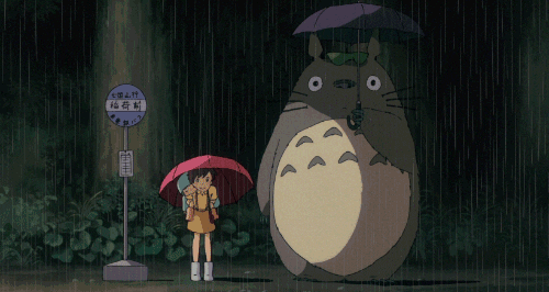 girl and large grey creature holding umbrella under rain